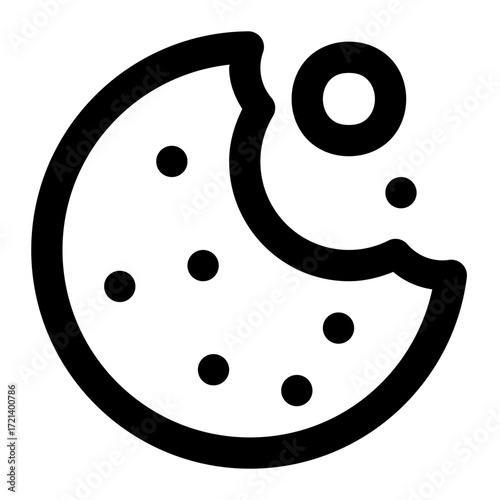 A simple black and white icon of a cookie with a bite taken out and chocolate chips and a donut on top