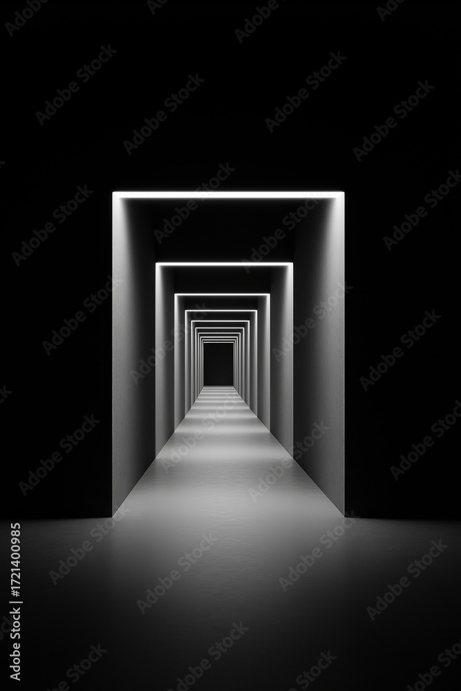 Fototapeta premium Geometric hallway with repeating rectangular frames disappearing into darkness, minimalistic design, thin linear light
