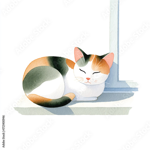 Calico Cat Relaxing on a Windowsill.
