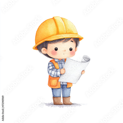 Cartoon Construction Worker Examining Blueprints with Focused Expression.