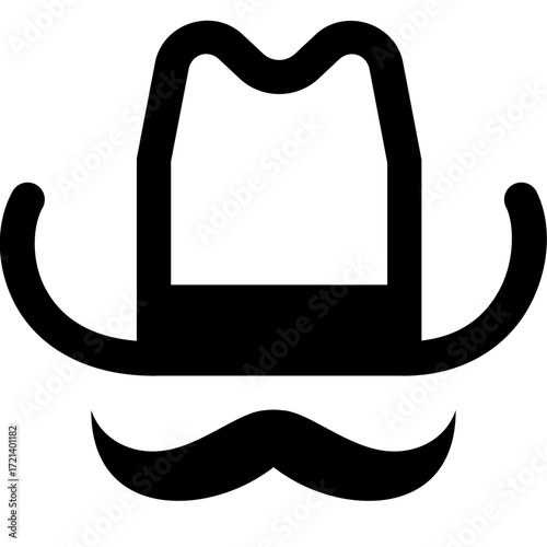 Illustration of a black cowboy hat with a thick brim and a mustache underneath on a white background