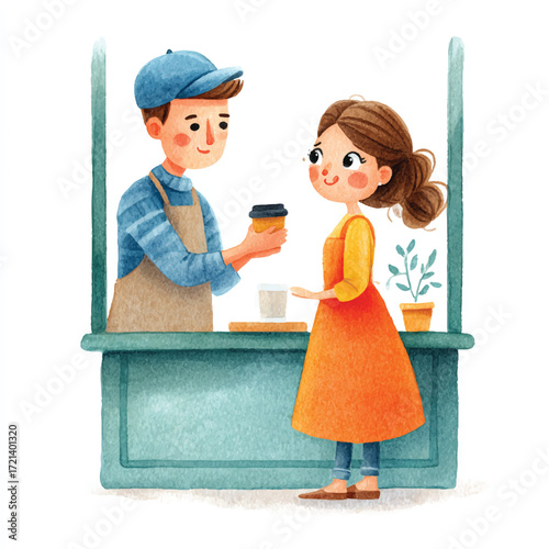 Cartoon illustration of a barista serving coffee to a customer.