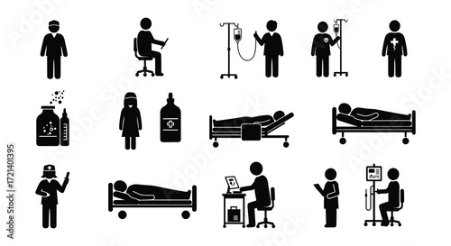 Black silhouette icons depicting healthcare scenes patients and medical staff
