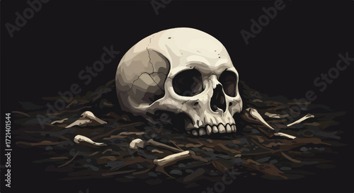 Skull and Bones in Dark Compost Heap Mortality's Reminder