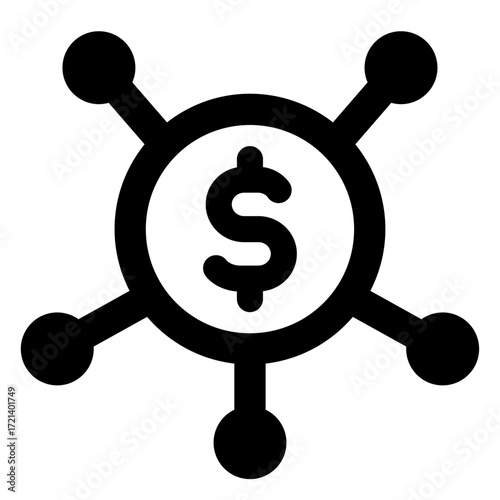 A black and white illustration of a dollar sign inside a circle with connecting nodes around it design