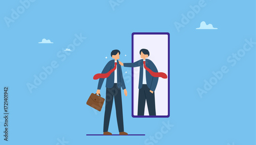 Businessman looking at mirror with his shadow encourage his confidence. Self esteem or self care, believe in yourself improving confident, respect in your strong attitude.