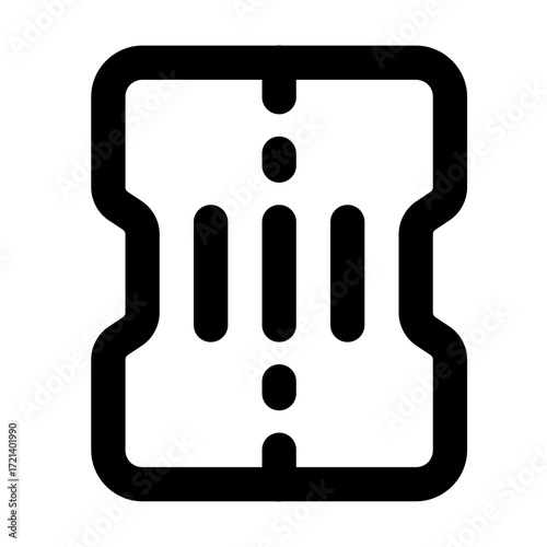 Illustration of a stylized black and white ticket with dotted line and vertical bars design element icon
