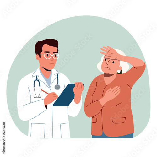 Doctor talks to a female elderly patient and thinking about diagnosis. Vector flat style cartoon illustration
