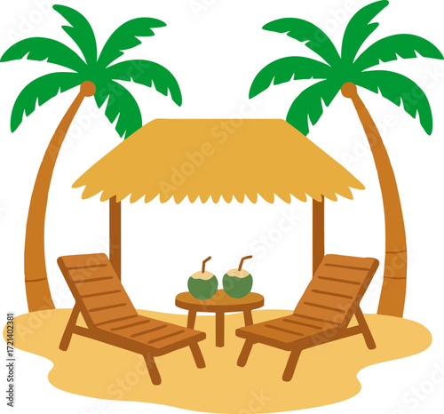 Beach scene with palm cabana loungers table coconuts flat vector isolated