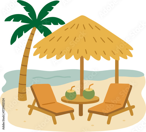 Beach scene with palm cabana loungers table coconuts flat vector isolated