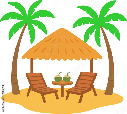 Beach scene with palm cabana loungers table coconuts flat vector isolated