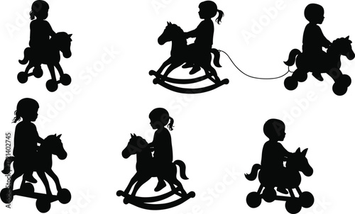 Silhouette children riding toy horse, rocking horse, pull along horse, childhood fun, kids playtime, retro vintage toy illustration