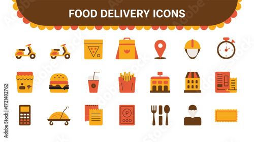 Food delivery app icons scooter pizza order restaurant fast food