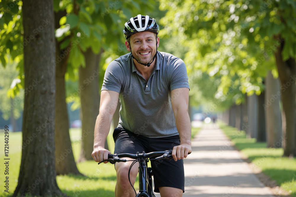 Obraz premium Smiling man wearing helmet while cycling on bike path in sunny park with green trees. Active healthy lifestyle concept of bicycling for fitness, recreation, and sustainable transportation