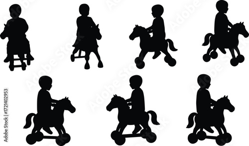 Silhouette children riding toy horse, rocking horse, playtime fun, vintage pony toy, childhood memories, kids activity, retro style illustration