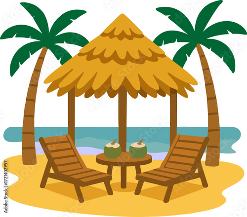 Beach scene with palm cabana loungers table coconuts flat vector isolated