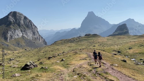 Group of hikers through the Pyrenees mountain range, Europe