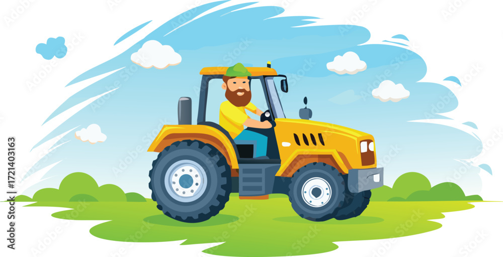 Fototapeta premium A cheerful farmer drives a yellow tractor across a vibrant green field under a bright blue sky, isolated on white background