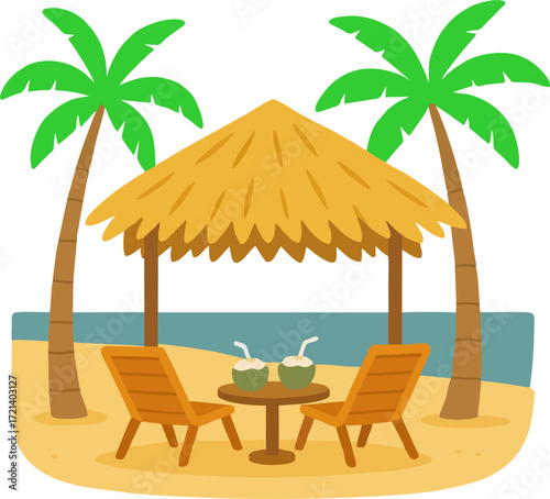 Beach scene with palm cabana loungers table coconuts flat vector isolated