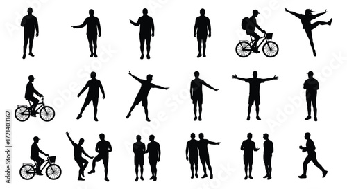 Collection of black silhouette figures in various active poses and motions