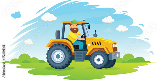 A cheerful farmer drives a yellow tractor across a vibrant green field under a bright blue sky, isolated on white background