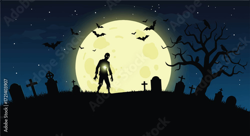 Spooky Halloween Night with a Zombie Silhouette under the Full Moon