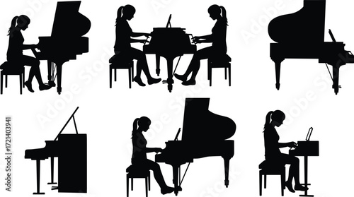 Silhouette girl playing piano, musician at grand piano, pianist performance, classical music, practice, concert, instrument, recital, stage, harmony