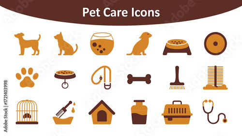 Pet care icons dog cat fish bird food and more