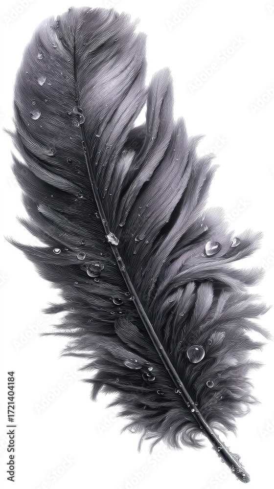 Fototapeta premium Close up of a single dark gray feather against a white background. The texture is highly detailed.