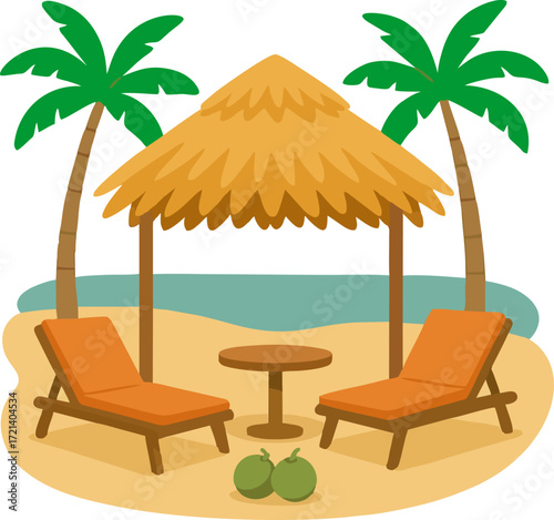 Beach scene with palm cabana loungers table coconuts flat vector isolated