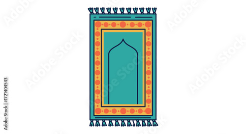 A colorful rectangular prayer rug with a mihrab design is displayed