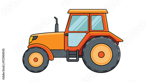 Cartoon illustration of a dog driving a vintage tractor on a farm field, isolated on white background