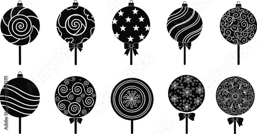 Christmas lollipop ornament silhouette set, spiral and snowflake patterns, festive candy icons, black vector illustration, holiday decoration design elements