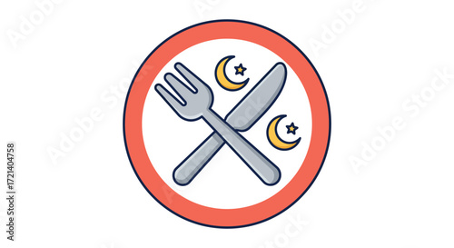 No eating or drinking during fasting illustrated with cutlery and crescent moons