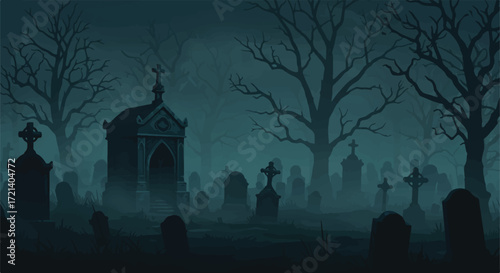 Spooky Halloween Cemetery Night Illustration