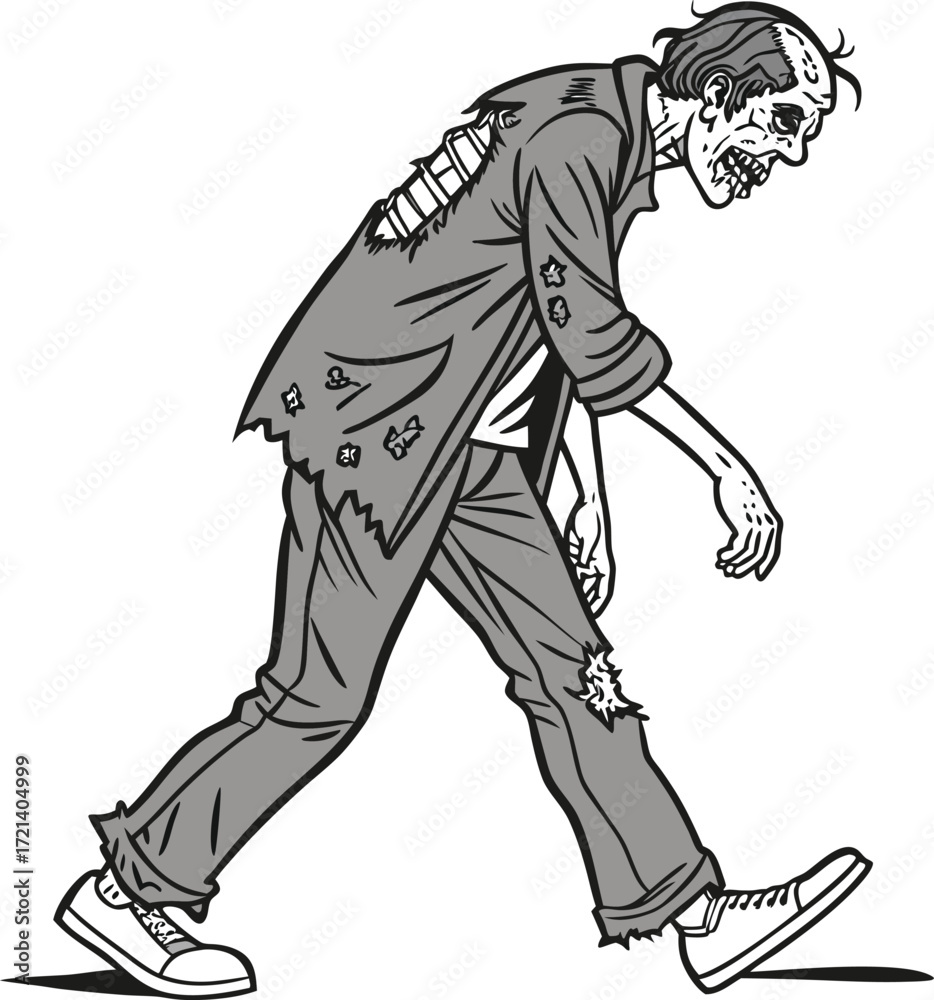 Fototapeta premium Grayscale illustration of a shambling zombie character with tattered clothing walking forward with a terrifying ghoulish expression
