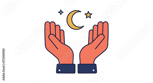 Praying hands reaching towards a crescent moon and shining star