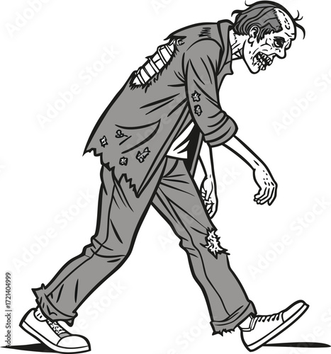 Grayscale illustration of a shambling zombie character with tattered clothing walking forward with a terrifying ghoulish expression