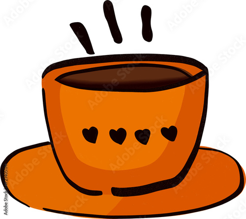 Hand Drawn Cozy Steaming Coffee Cup with Heart Pattern.