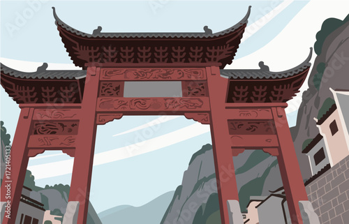 Chinese style architecture and scenery, vector graphics

