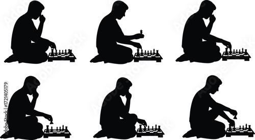 Silhouette man playing chess, thinking strategy, board game competition, intelligence challenge, focus concentration, mind sport, logical planning, strategic moves illustration