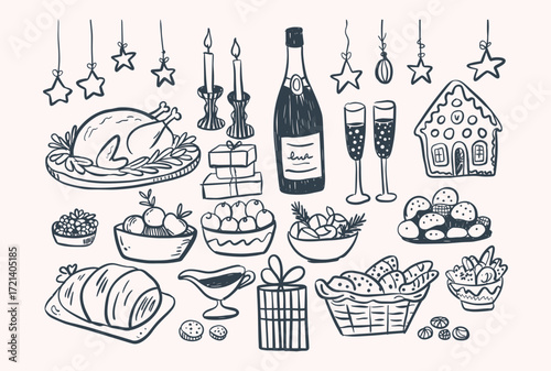 A Festive Feast: A Whimsical Illustration of a Christmas Dinner Scene with Traditional Dishes, Decorations, and Celebratory Elements