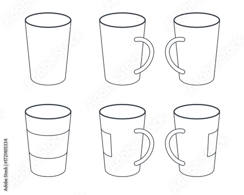 Vector set of coffee mugs and cups in minimalist black outline design