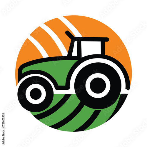 Illustration of a tractor on a farm field with sun rays, showcasing agriculture, farming, and rural life in a circular design isolated on white background