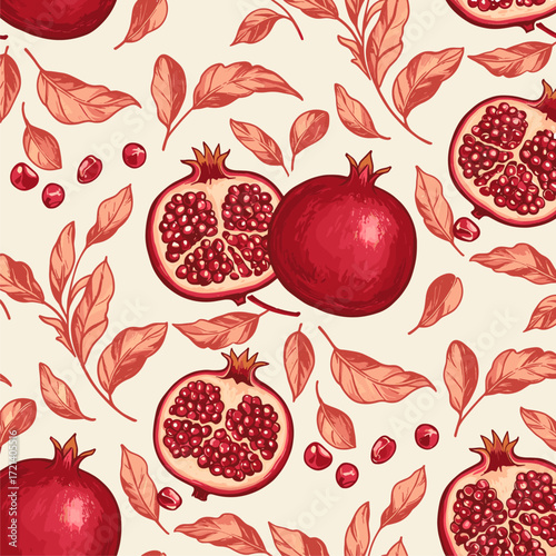 Seamless Pomegranate Pattern. Botanical Illustration with Whole and Cut Fruits, Seeds, and Leaves. Hand-Drawn Fruit Background.