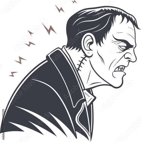 Frankenstein monster grimacing angrily with bolts emanating from neck in vintage horror style