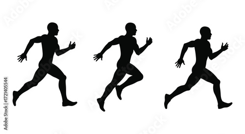 Silhouettes of three men in running poses against a white background