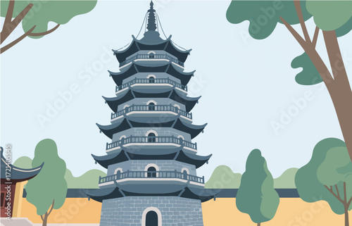 Chinese style architecture and scenery, vector graphics
