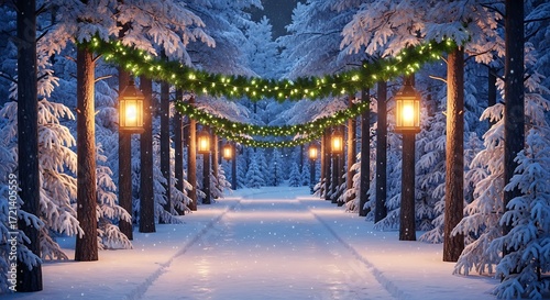 A magical winter wonderland scene with snowcovered trees and a path illuminated by lanterns and garland, creating a festive and enchanting atmosphere