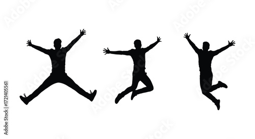 Three silhouetted figures joyfully leaping in mid air dynamic and energetic